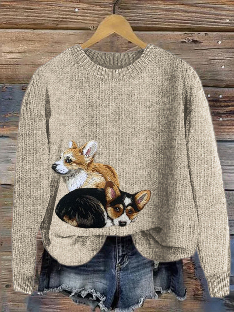 Comstylish Lovely Corgi Dogs Embroidered Cozy Knit Sweater
