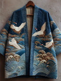 Japanese Cranes & Sea Waves Embroidered Linen Kimono Cardigan elevenforest