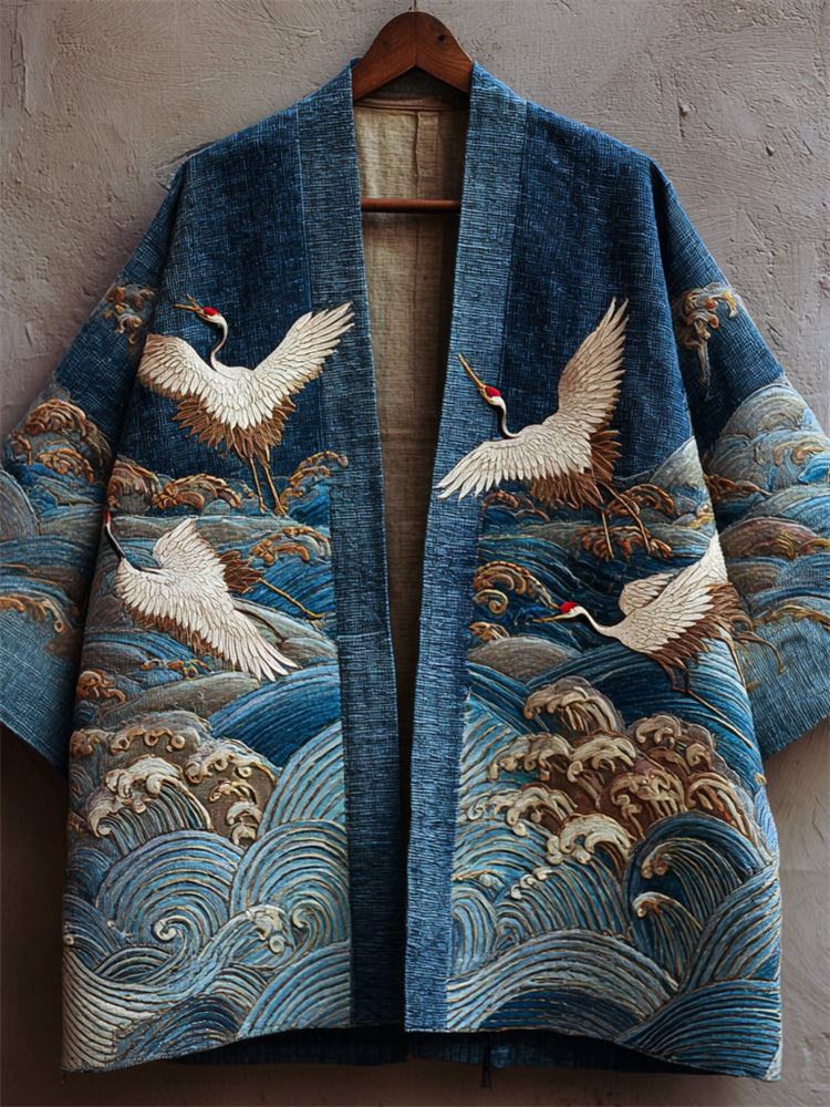 Japanese Cranes & Sea Waves Embroidered Linen Kimono Cardigan elevenforest