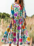 Women's Vintage Floral Art Print Flowy Cotton Crew Neck Dress