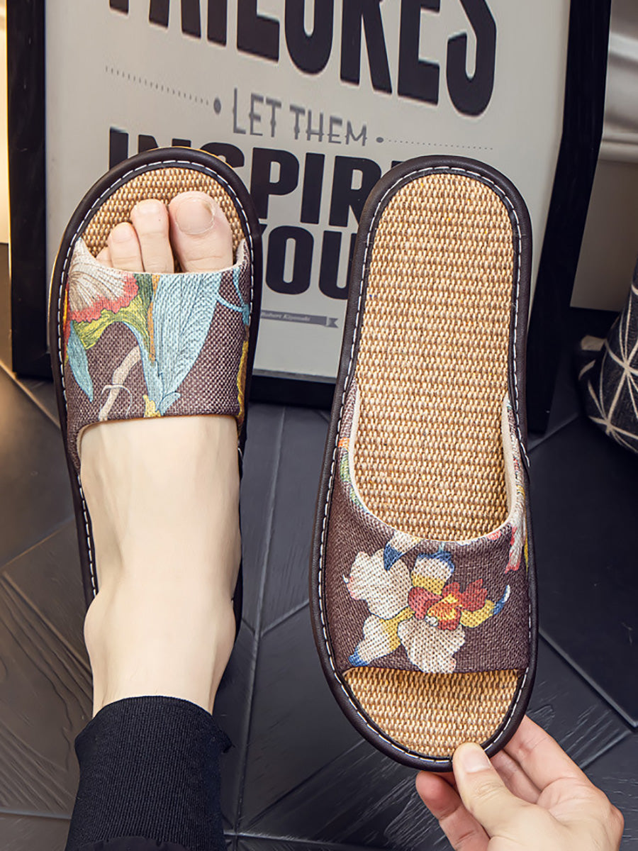 Summer Couple Linen Flower Print Indoor Flat Slippers Cc008