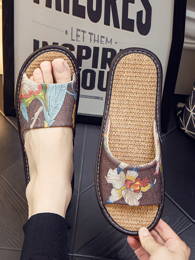 Summer Couple Linen Flower Print Indoor Flat Slippers Cc008