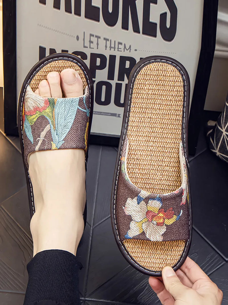 Summer Couple Linen Flower Print Indoor Flat Slippers Cc008