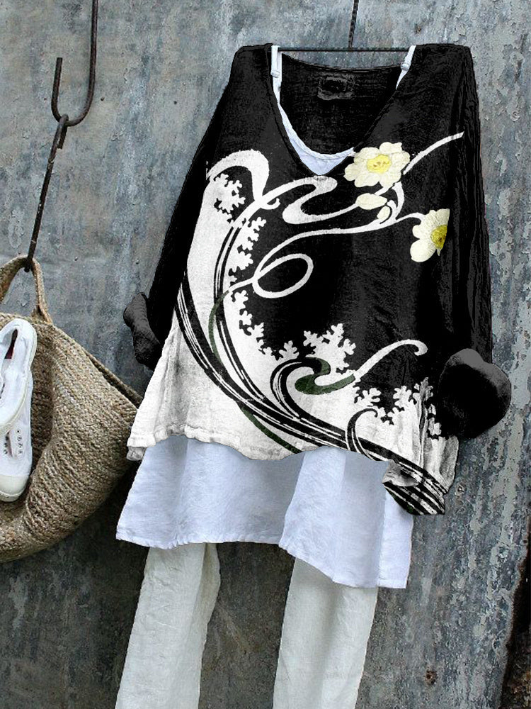 Vintage Japanese Floral Art Linen Blend Tunic elevenforest