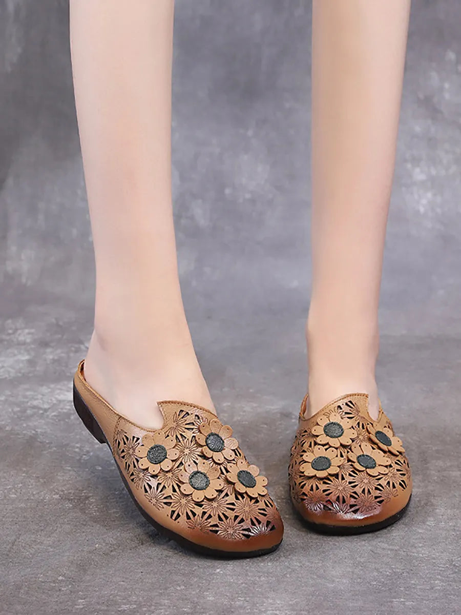 Summer Leather Flower Spliced Cutout Slippers Oo1019