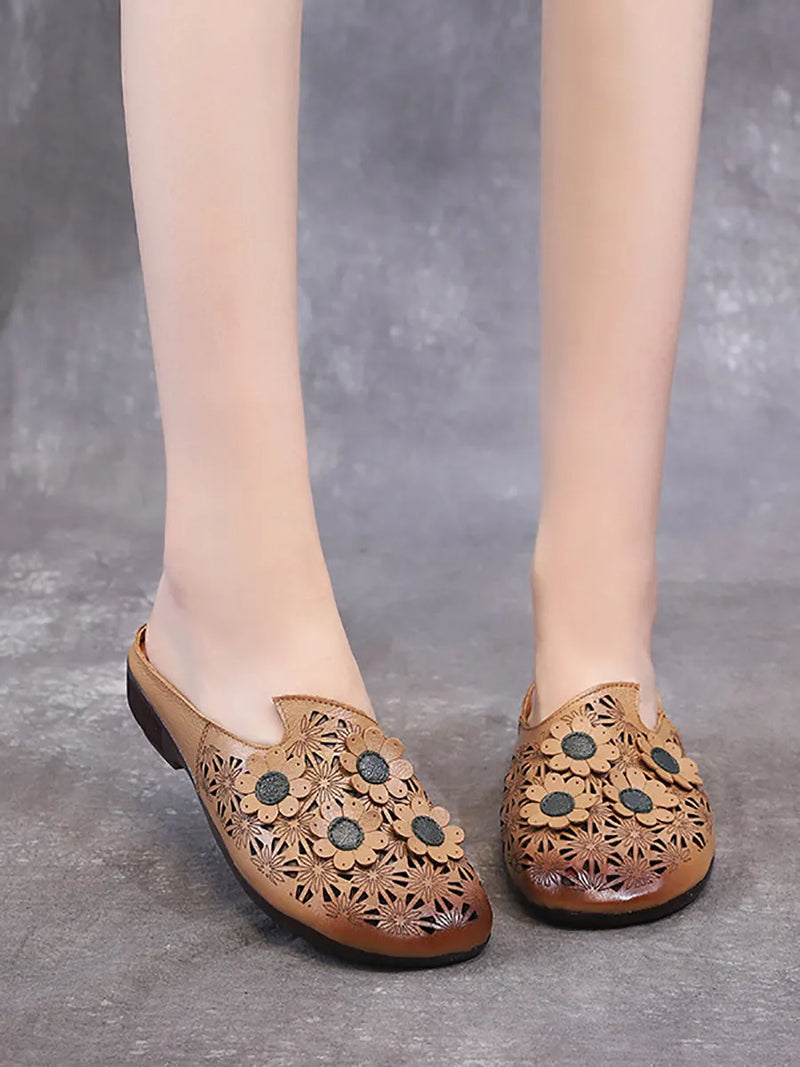 Summer Leather Flower Spliced Cutout Slippers Oo1019