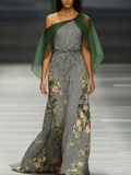 Women's off-the-shoulder long-sleeved green chiffon dress
