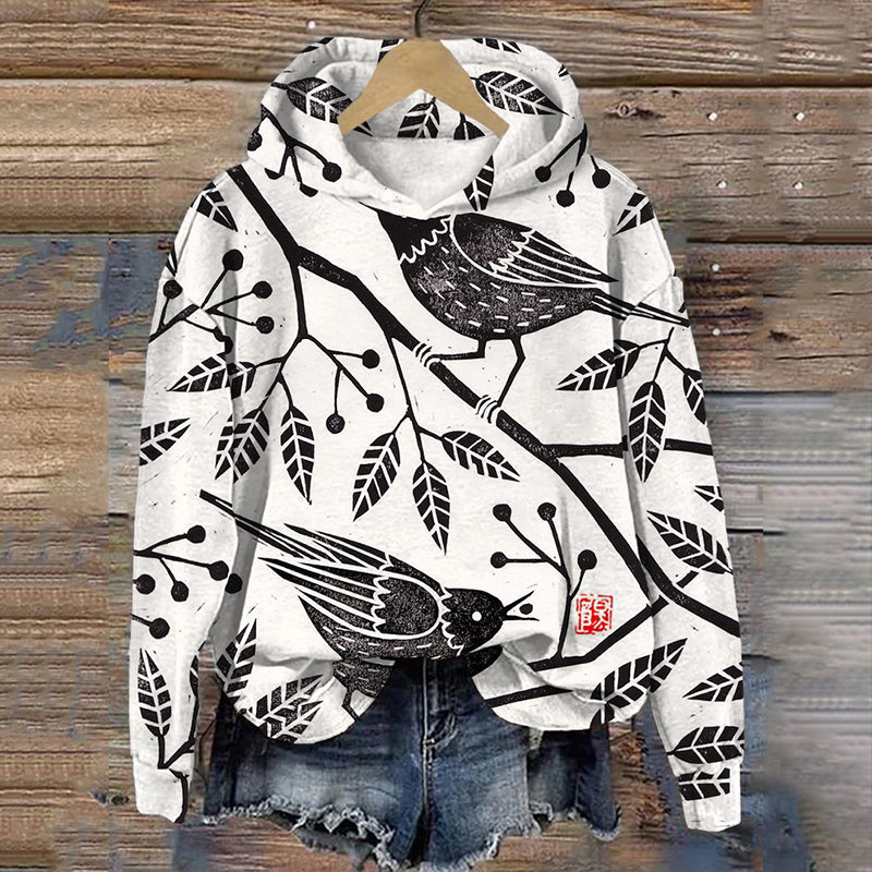 Comstylish Vintage Birds Lino Art Pattern Comfy Hoodie