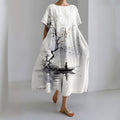 Comstylish Women's Japanese Art Ink Wash Painting Print Midi Dress
