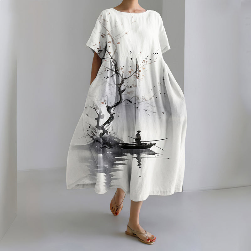 Comstylish Women's Japanese Art Ink Wash Painting Print Midi Dress