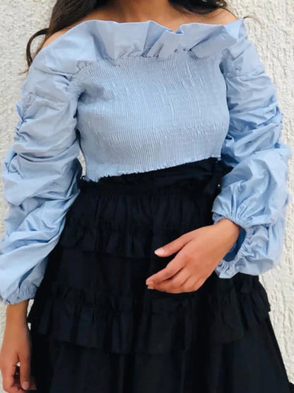 Long Sleeves Loose Elasticity Ruffle Trim Color Split-joint Off-the-shoulder Blouses&shirts Tops