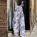 Women's Bohemian Style Daisy And Lavender Floral Linen Print Cotton Linen Jumpsuit elevenforest