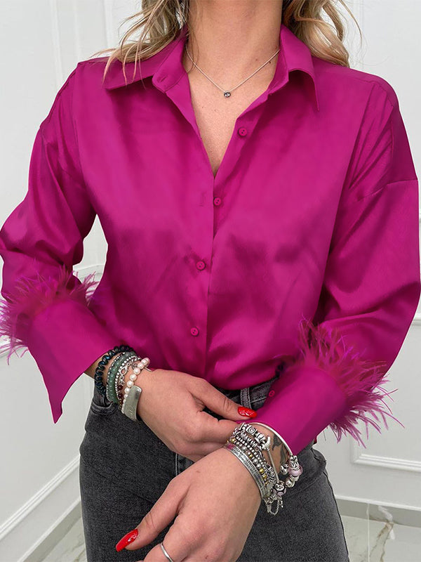 Loose Wrap Feathers Color Split-joint Lapel Collar Blouses&shirts Tops