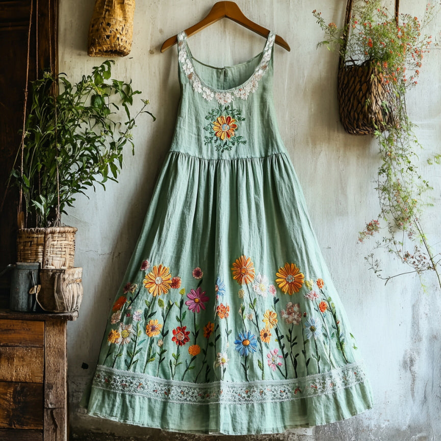 Vintage Boho Colorful Floral Lace Embroidered Art Linen Tank Dress elevenforest