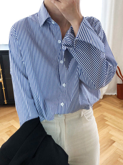 Urban Loose Striped Lapel Collar Blouses&shirts Tops