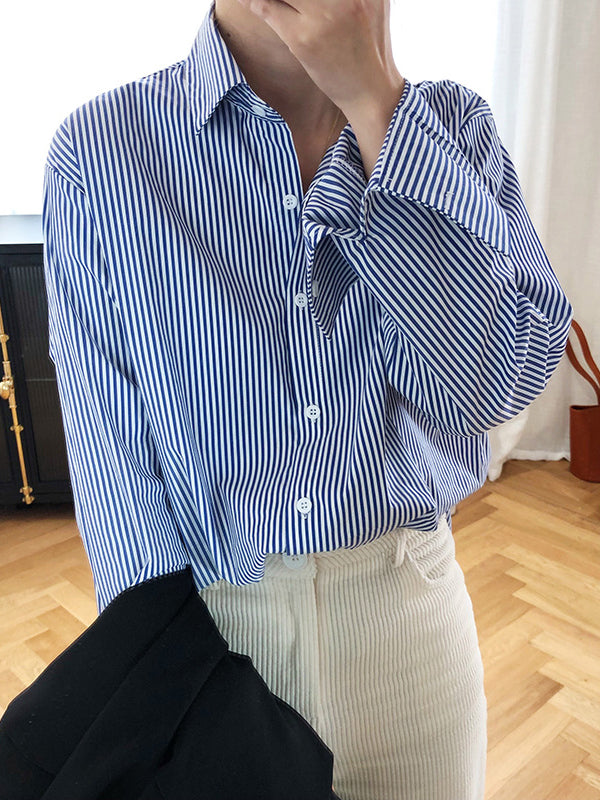 Urban Loose Striped Lapel Collar Blouses&shirts Tops