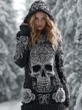 Halloween Skeleton Element Viking Style Women's Hooded Pullover Knit Sweater elevenforest