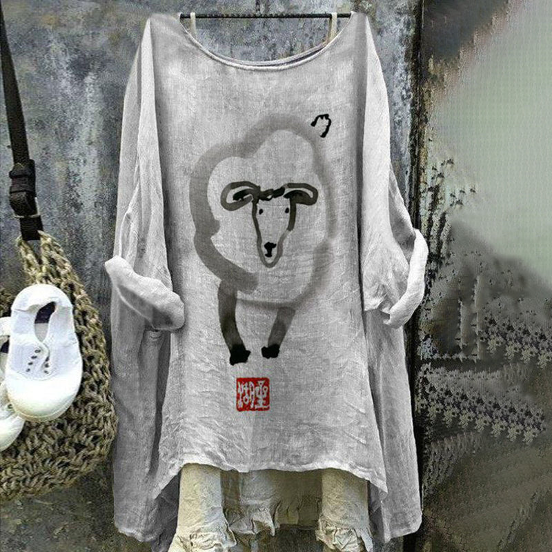 Comstylish Vintage Farm Sheep Crew Neck Linen Blend Casual Tunic