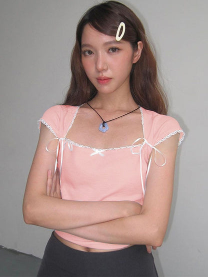 Taruxy Lace Bandage Shirts for Summer Pink Crop Tops Street Bodycon Lace-up Tank Top New