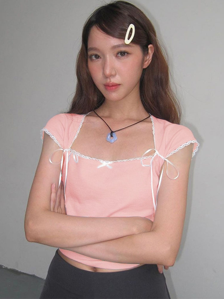 Taruxy Lace Bandage Shirts for Summer Pink Crop Tops Street Bodycon Lace-up Tank Top New
