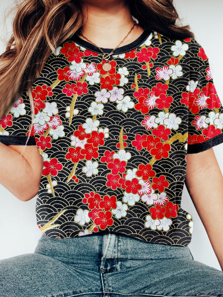 Blossoming Flowers & Gold Seigaiha Japanese Art Comfy T Shirt elevenforest