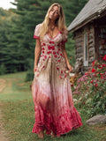 Boho Rose Embroidery Women's V-neck Short Sleeve Maxi Dress elevenforest