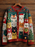 Christmas Fun Cat Lady Round Neck Knitted Sweater Coat elevenforest