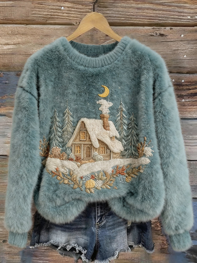 Cozy Winter Cottage Embroidered Pullover Plush Sweater artswardrobe