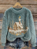 Comstylish Cozy Winter Cottage Embroidered Pullover Plush Sweater
