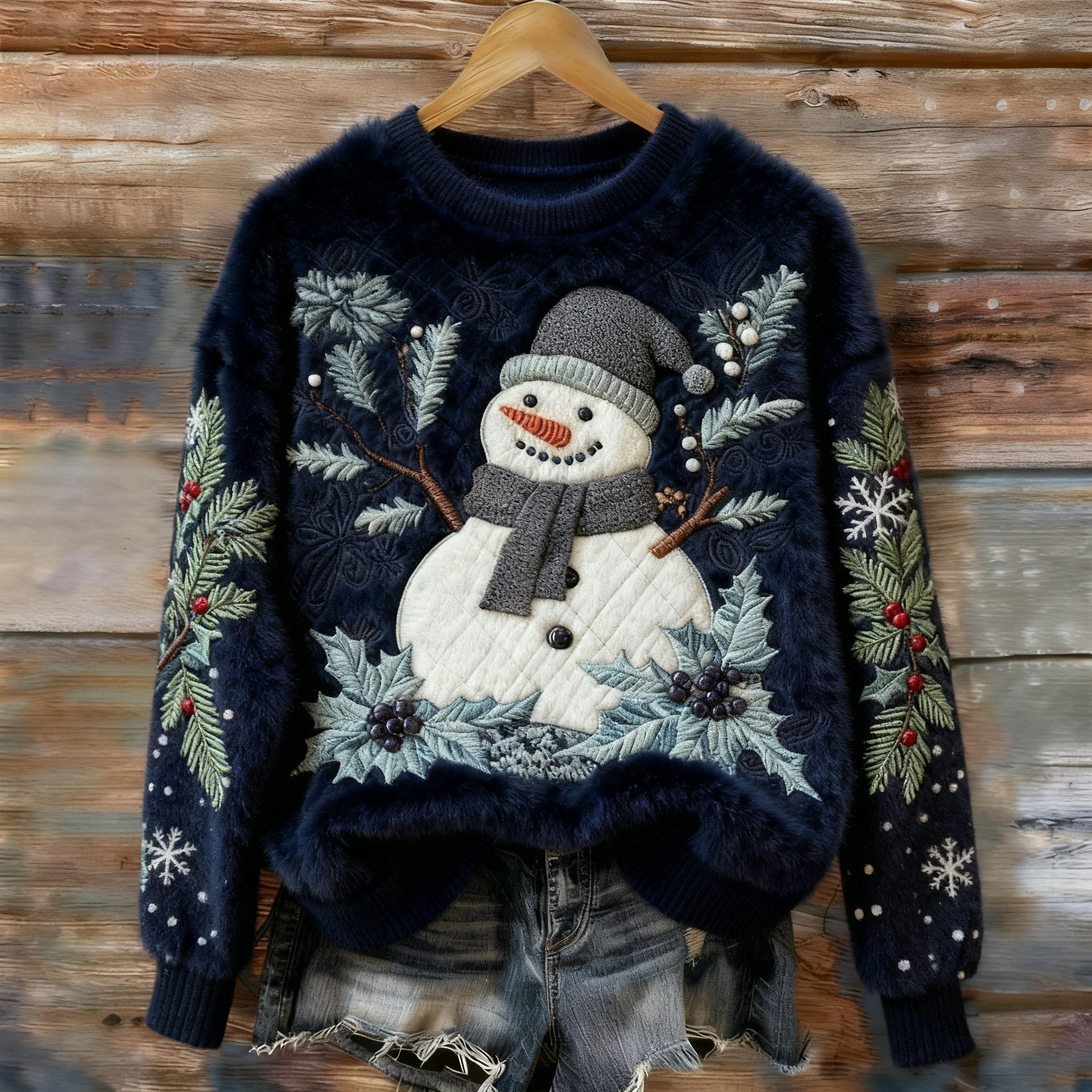Comstylish Women's Vintage Christmas Snowmen Holly Leaf Art Cozy Plush Sweater