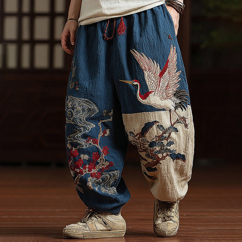 Men's Japanese Red-crowned Crane Art Contrast Wide Leg Linen Pants elevenforest