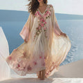Women's Vintage Floral Rose Embroidery Art V-neck Kaftan elevenforest
