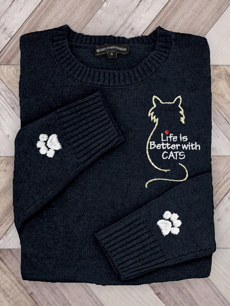 Life Is Better With Cats Embroidered Cozy Sweater elevenforest