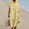 Dog Art  V-neck Linen Short Sleeves Midi Dress elevenforest