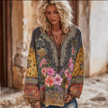 Women's Vintage Ethnic Style Floral Patchwork Pattern V-neck Top elevenforest