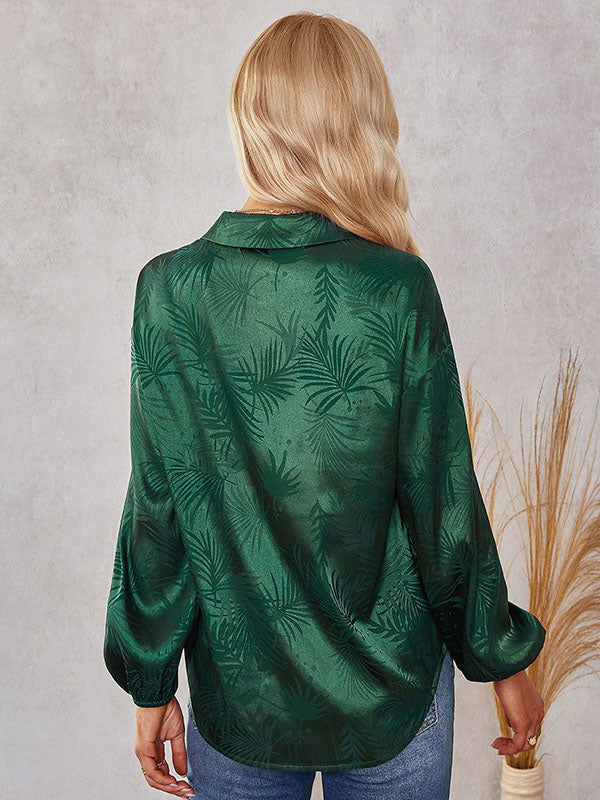 Loose Puff Sleeves Jacquard Split-joint Lapel Blouses