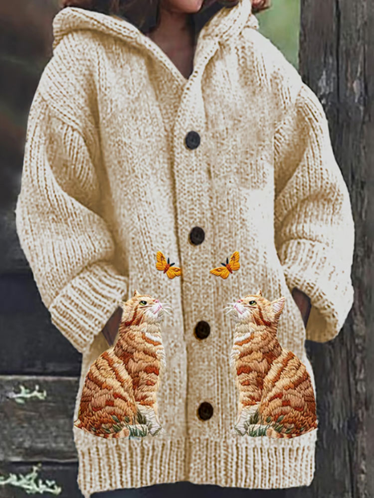 Comstylish Women's Cute Cat Butterfly Print Loose Casual Sweater Hooded Jacket