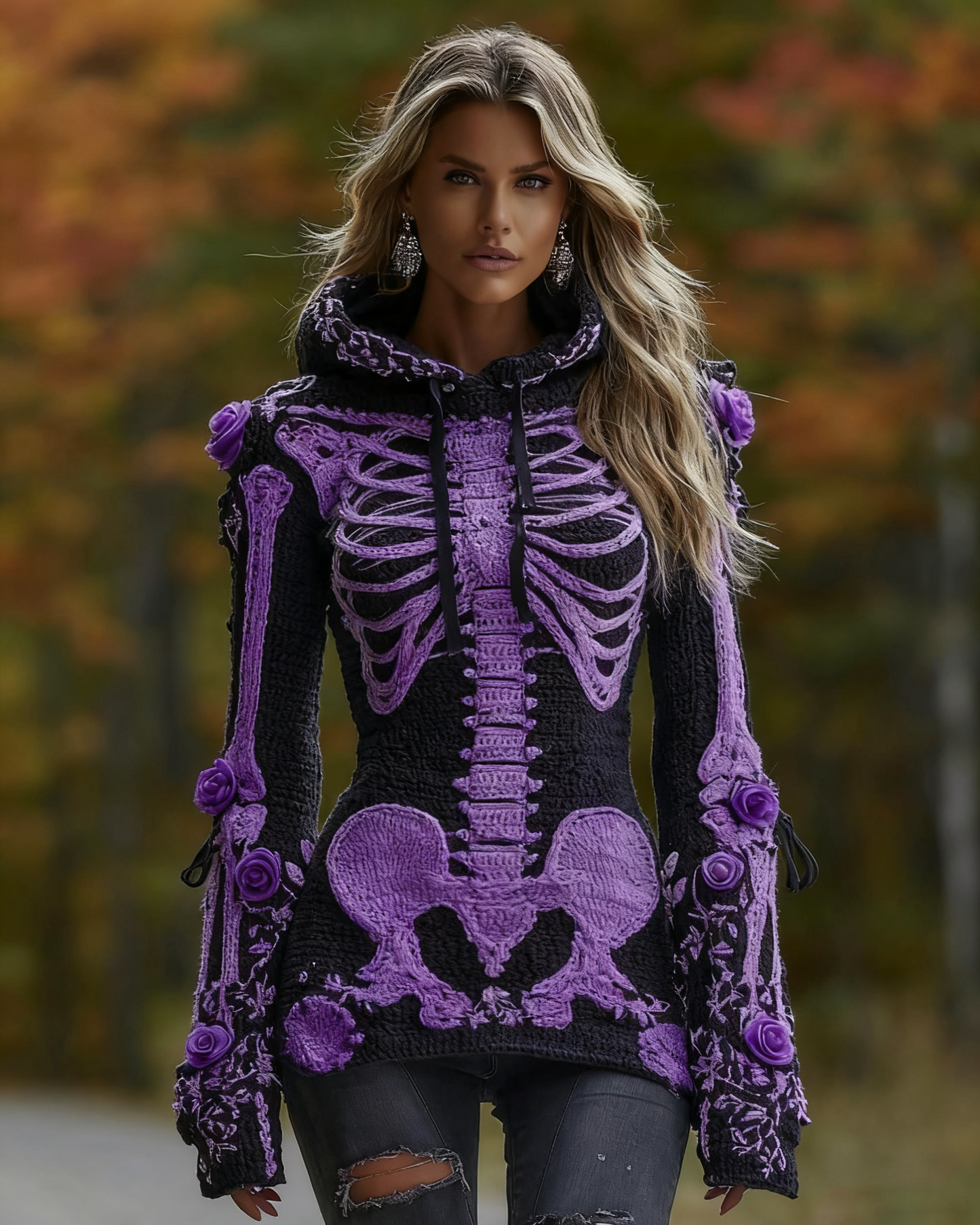 Women's Halloween Skeleton Bones With Roses Art Knitted Warm Hooded Sweater artswardrobe