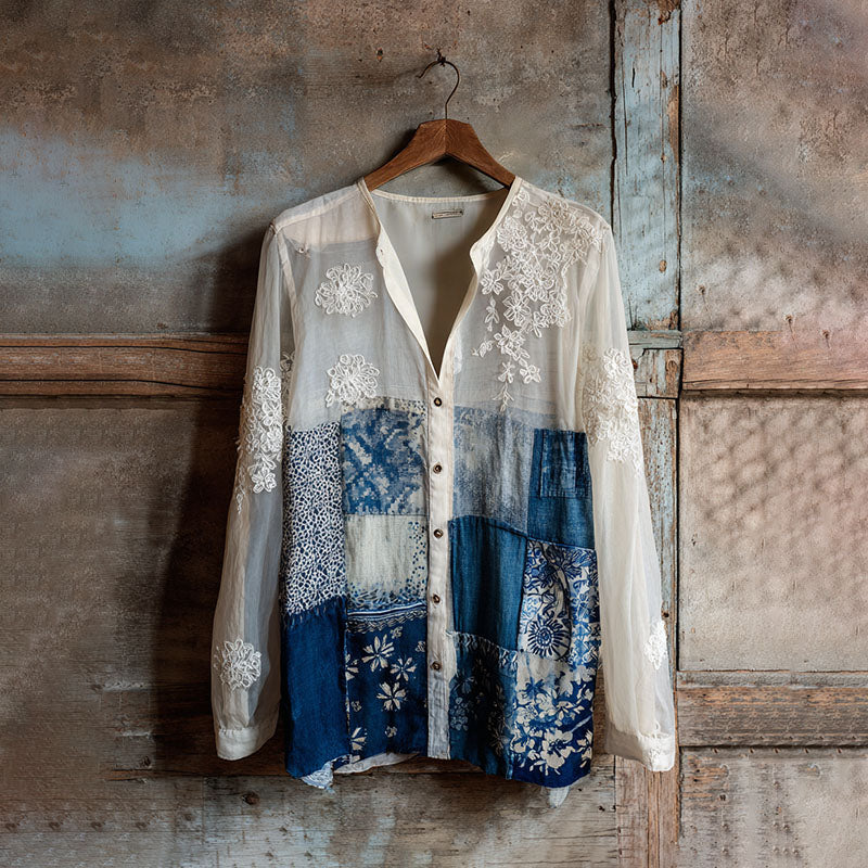 Vintage Lace With Floral Patchwork Linen Women's Long Sleeve Shirt elevenforest