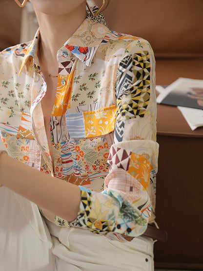 Long Sleeves Loose Buttoned Pockets Printed Lapel Blouses&shirts Tops