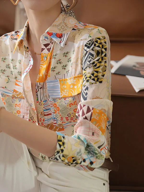 Long Sleeves Loose Buttoned Pockets Printed Lapel Blouses&shirts Tops