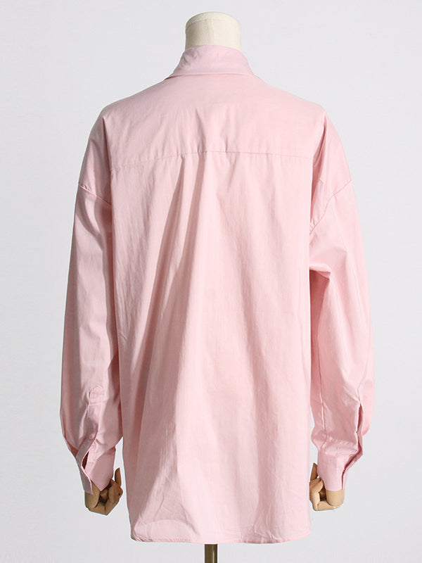 Long Sleeves Loose Asymmetric Buttoned Pleated Color Split-joint Three-dimensional Flower Lapel Blouses&shirts Tops