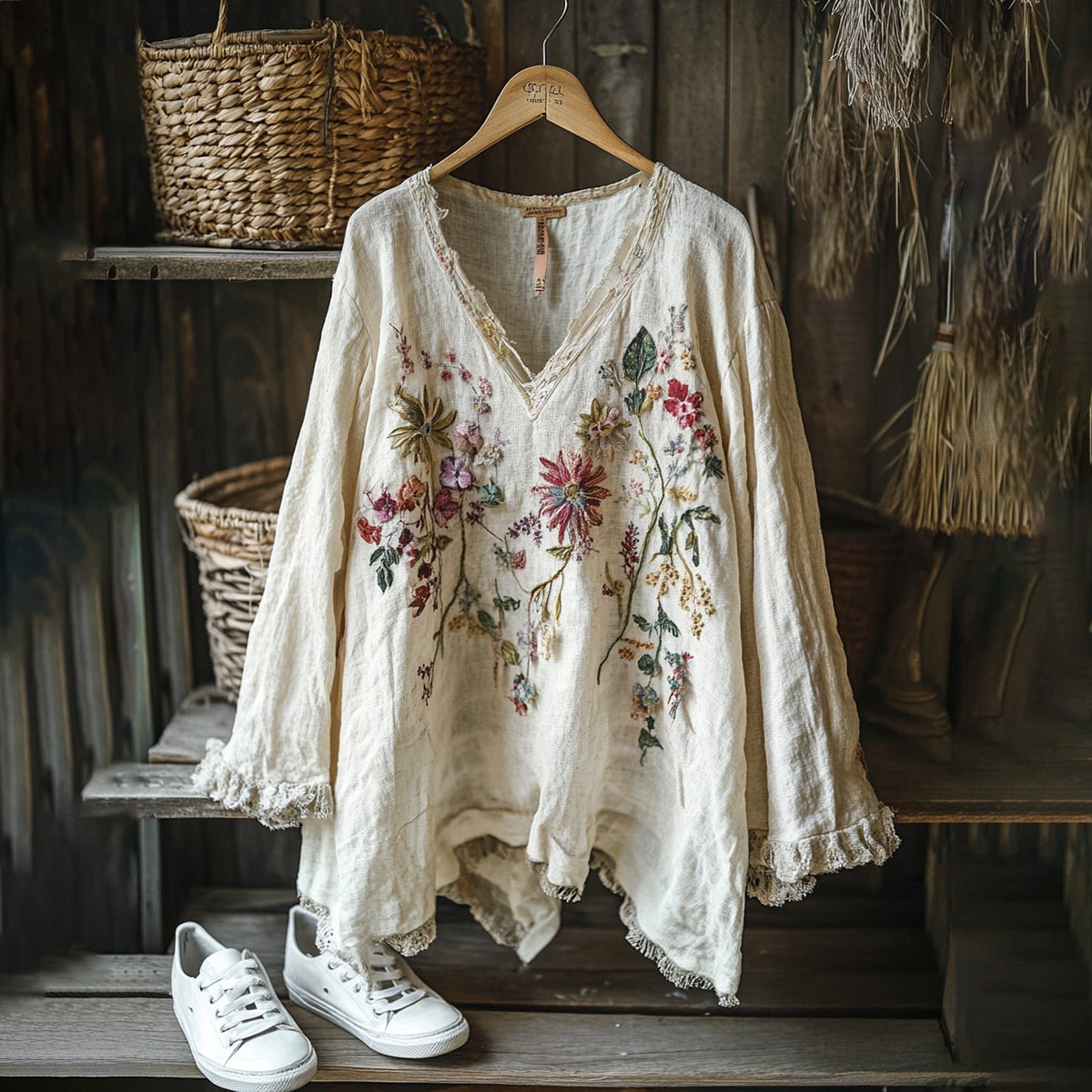 Vintage Floral Embroidery Art Graphics Linen Blend V-neck Tunic elevenforest