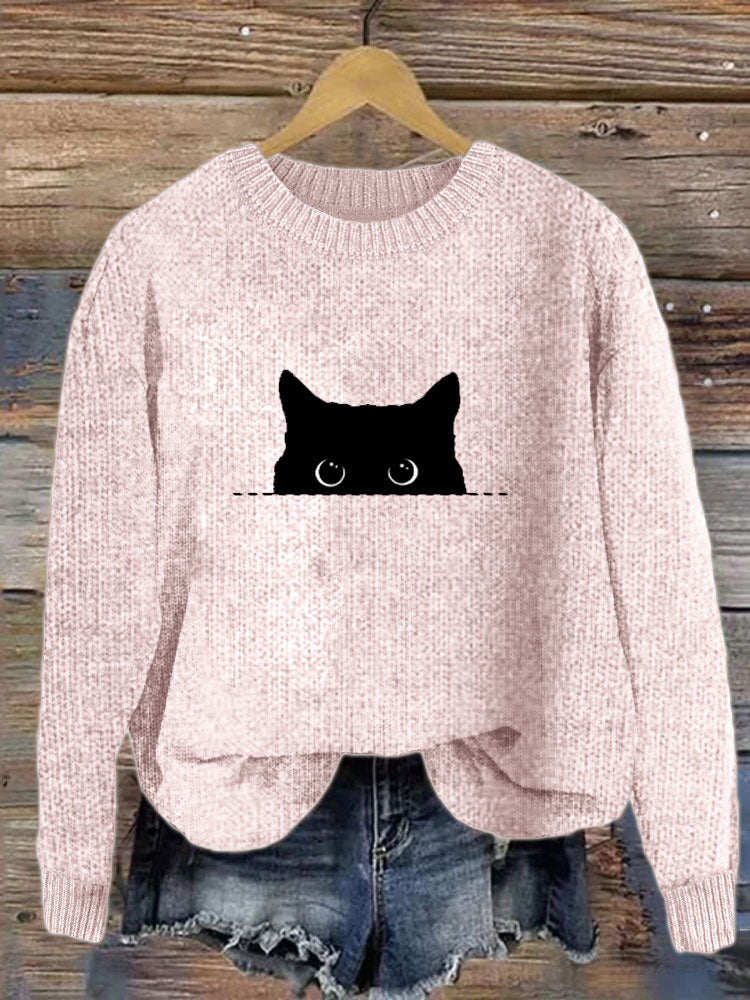Women's Casual Funny Black Cat Print Sweater elevenforest