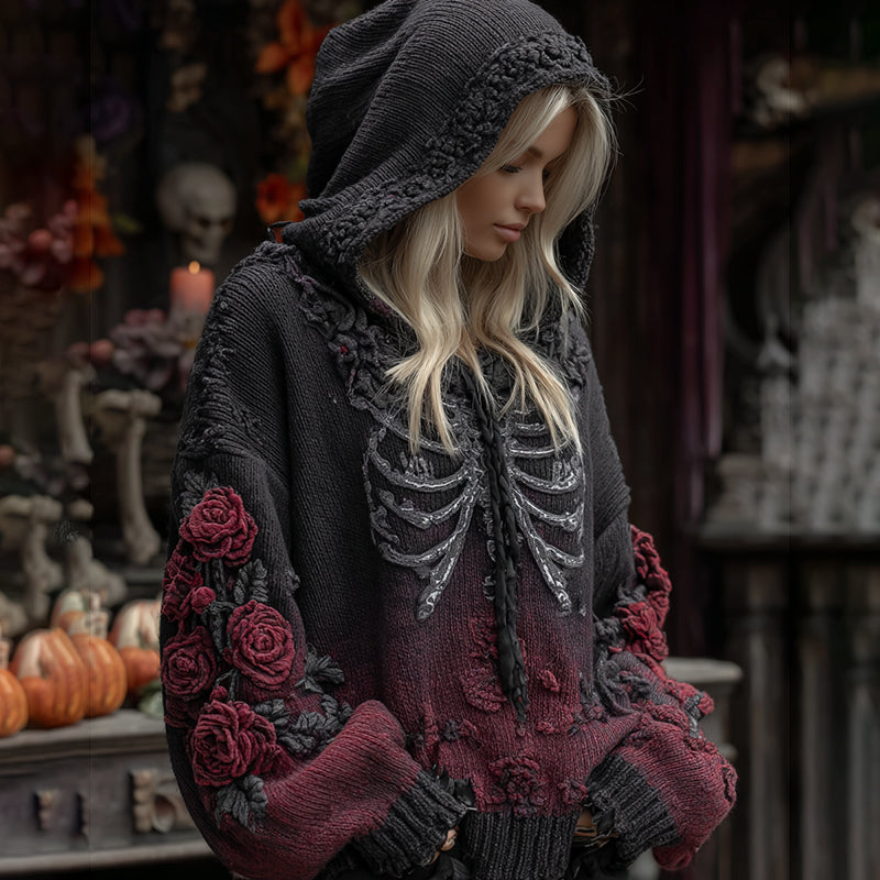 Comstylish Vintage Halloween Anatomy Floral Chunky Knitted Hooded Sweater