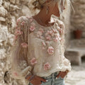 Women's Vintage Pink Flower Embroidery Art Round Neck Long Sleeve Linen Blend T-shirt elevenforest