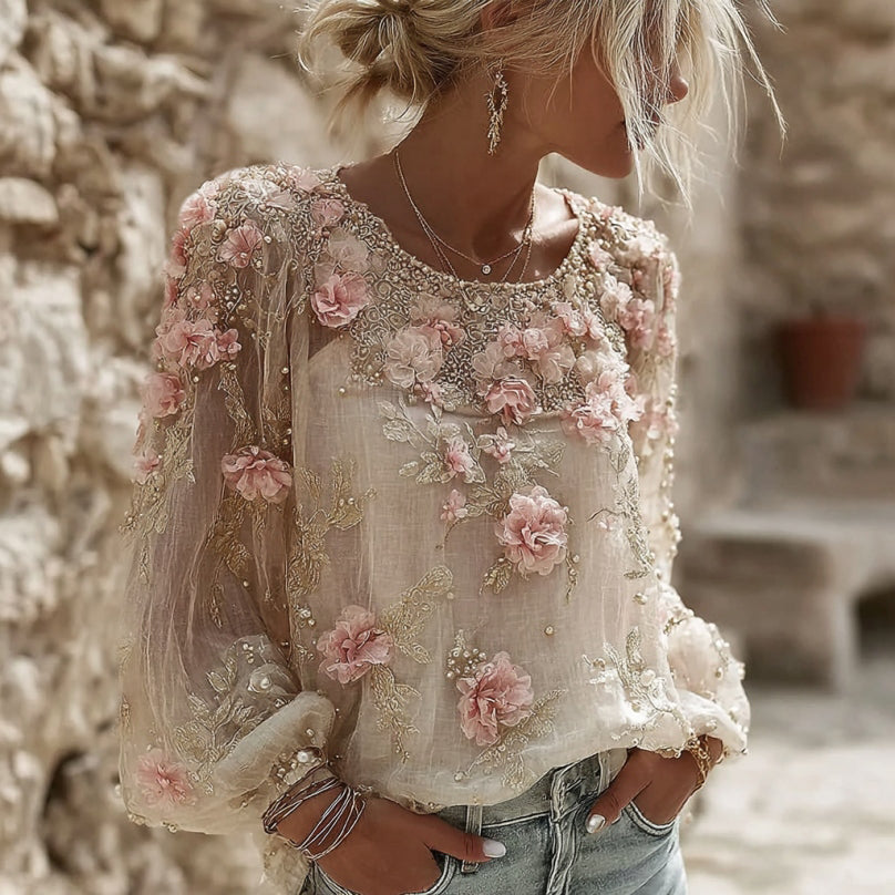 Women's Vintage Pink Flower Embroidery Art Round Neck Long Sleeve Linen Blend T-shirt elevenforest