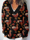 Fall Boho Turkey Pattern V Neck Cozy Sweater artswardrobe