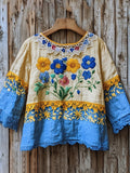 Boho Floral Embroidery Women's Linen Shirt elevenforest