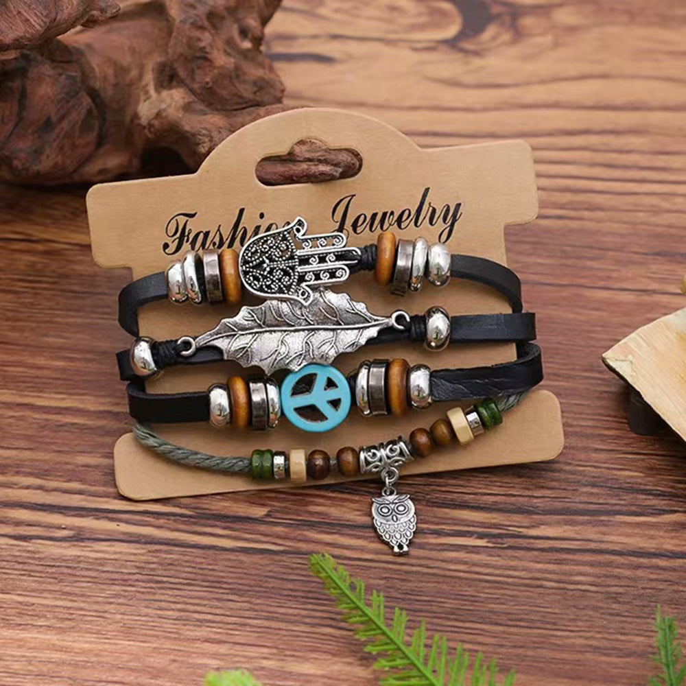 Comstylish Vintage Peace Multi Layered Leather Bracelet